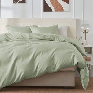 Faux Linen Breathable & Soft Solid Color Duvet Cover Set - Green - Twin